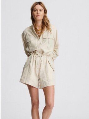 Rag & Bone Boa Ruched Long Sleeve Utility Romper Tan Size Medium